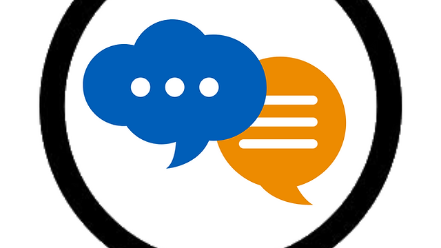 Blue and orange speech bubbles inside a black circle, symbolizing communication or chat.
