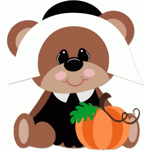 Cute cartoon bear dressed as a pilgrim with white bonnet, holding an orange pumpkin.