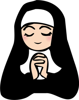 Smiling nun in traditional black habit with white wimple, hands clasped in prayer.