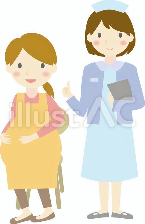 A pregnant woman sits smiling while a nurse in uniform gestures reassuringly, holding a clipboard.