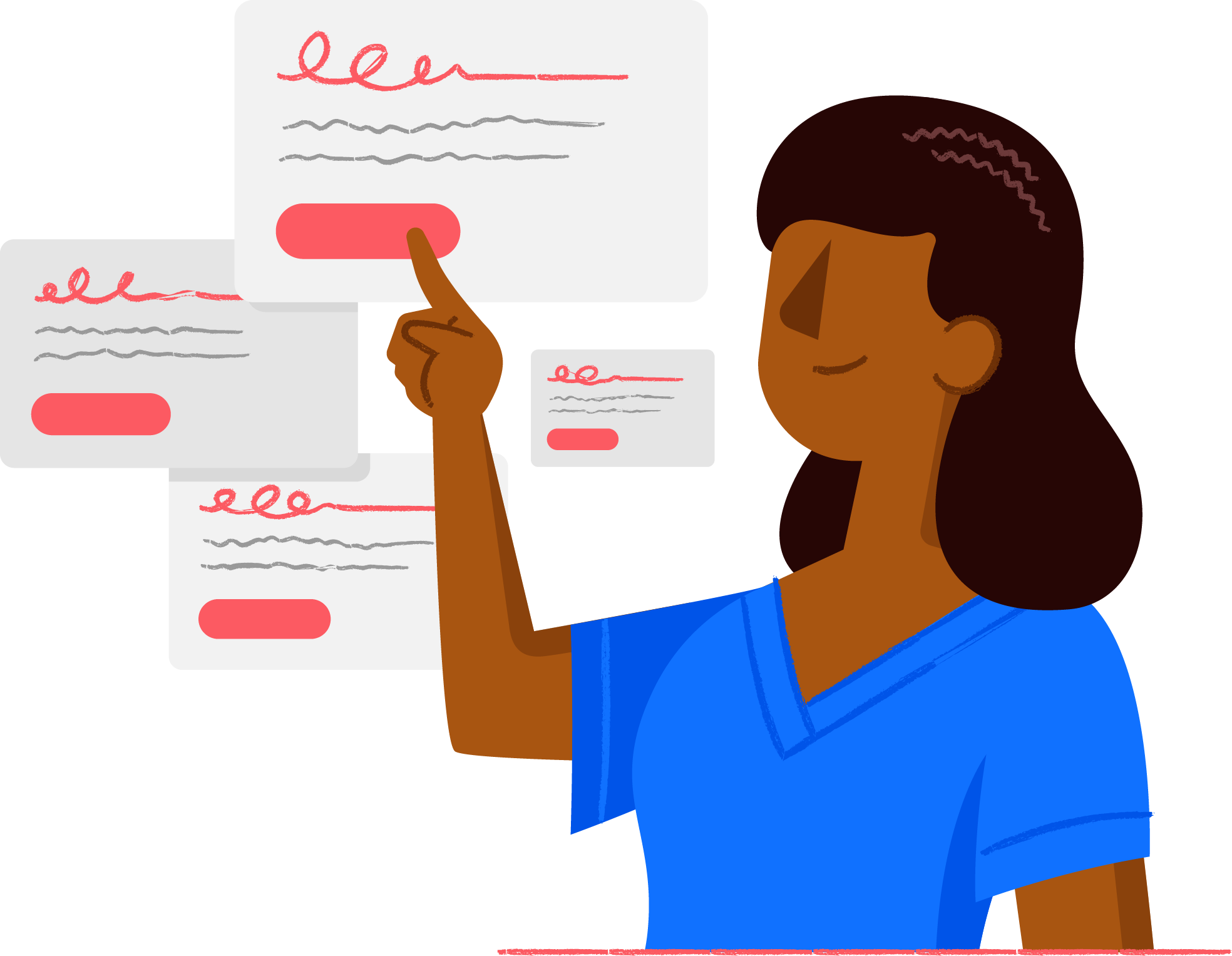 A woman in blue scrubs points to digital documents with signatures and action buttons, illustrating e-signature or document review workflow.
