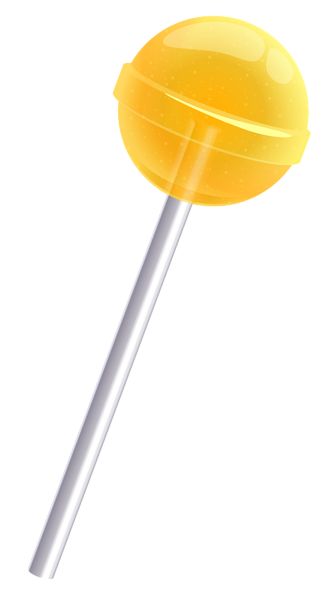 A bright yellow spherical lollipop on a silver stick, glossy and candy-coated, isolated on white background.