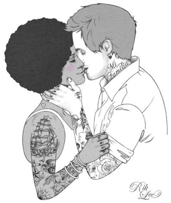 Black-and-white illustration of a tender kiss between a Black woman with an afro and a tattooed man, both adorned with intricate body art.