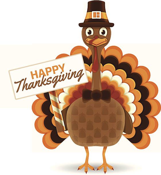 Cheerful cartoon turkey in Pilgrim hat holding "Happy Thanksgiving" sign with colorful tail feathers.