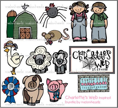 Charlotte’s Web inspired clipart bundle featuring farm animals, barn, spider, and children characters by Melonheadz.