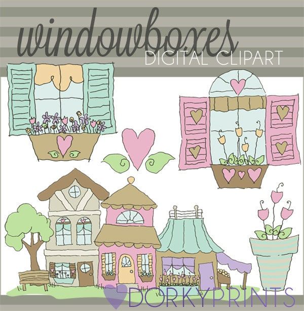 Whimsical hand-drawn windowboxes and cottage clipart with hearts, flowers, and pastel colors by DorkyPrints.