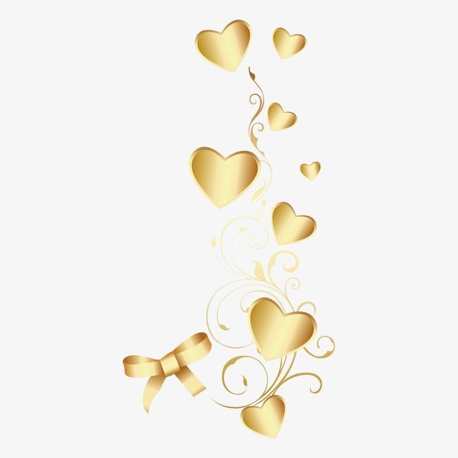 Golden hearts and ribbon swirls on white background, elegant romantic vector design.