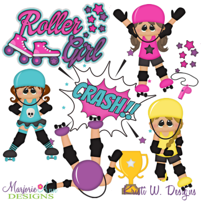 Three cartoon roller derby girls in colorful gear-pink, teal, and yellow-with helmets, skates, a trophy, and "CRASH!!" speech bubble.