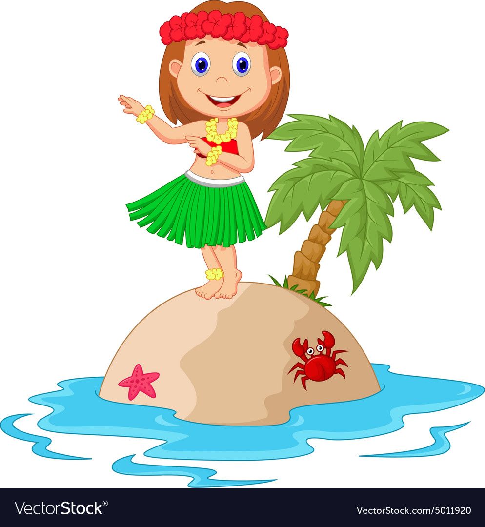 Cartoon girl in hula outfit dancing on a tropical island with palm tree, crab, and starfish.