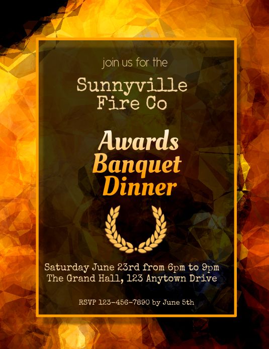 Sunnyville Fire Co Awards Banquet Dinner invitation with golden laurel and fiery geometric background.