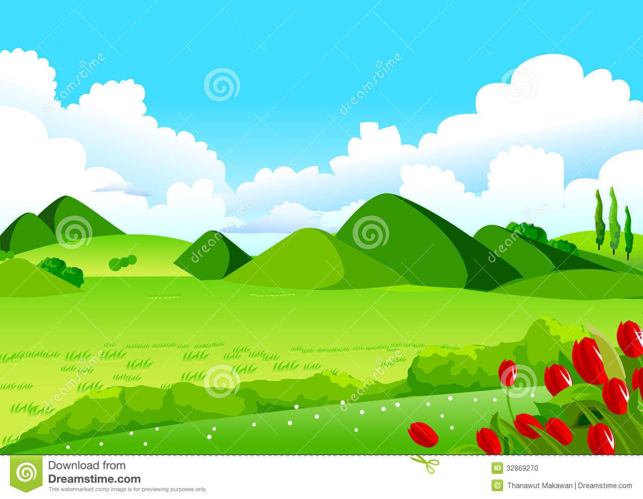 Vibrant cartoon-style spring landscape with green hills, red tulips, and a bright blue sky with fluffy clouds.