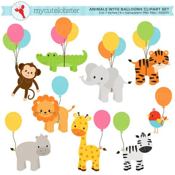 Cute cartoon animals holding colorful balloons-monkey, lion, giraffe, zebra, elephant, tiger, hippo, crocodile, and bird-in a playful clipart set.