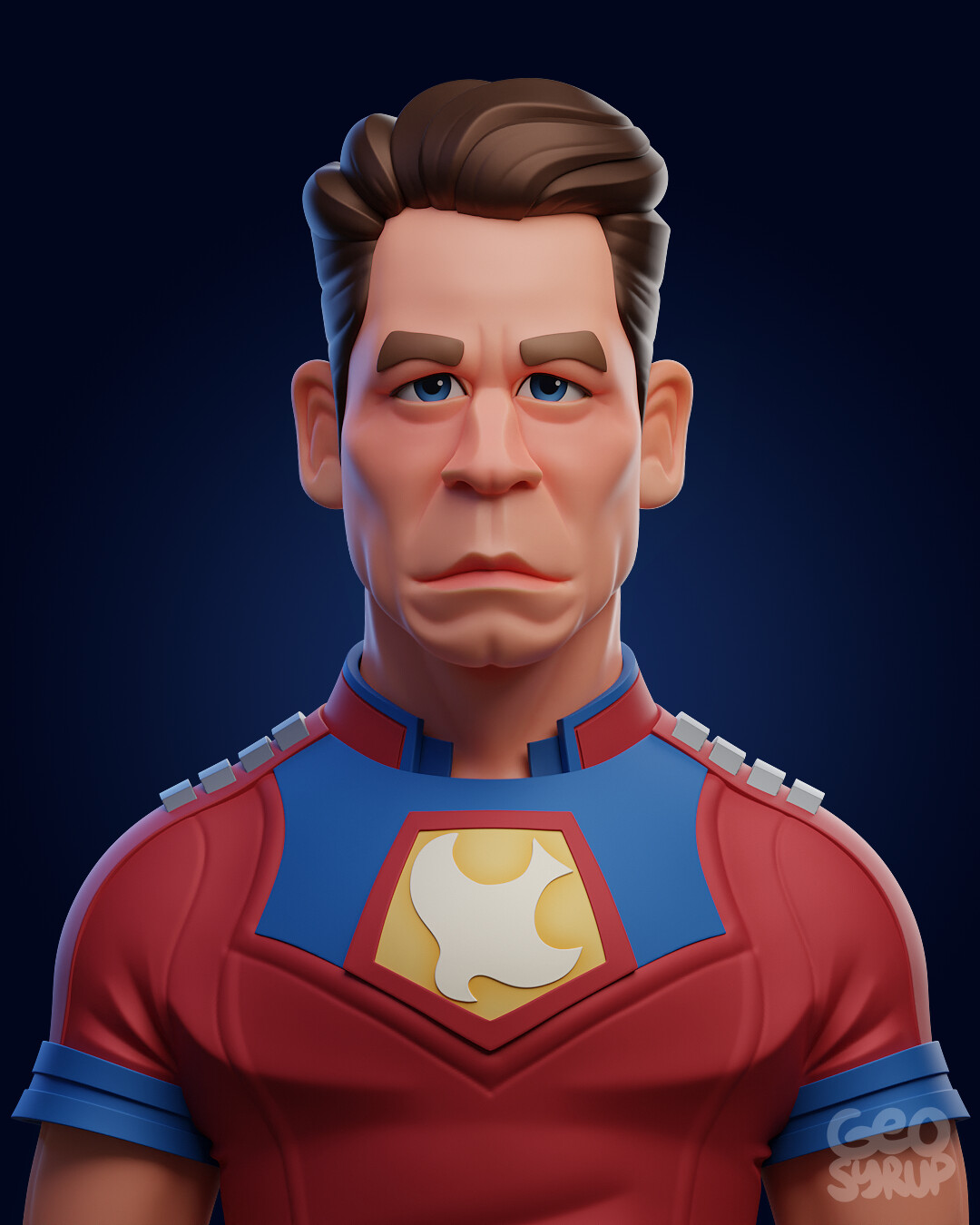 Stylized 3D cartoon superhero with blue eyes, brown hair, red and blue suit, and flame-shaped emblem on chest.