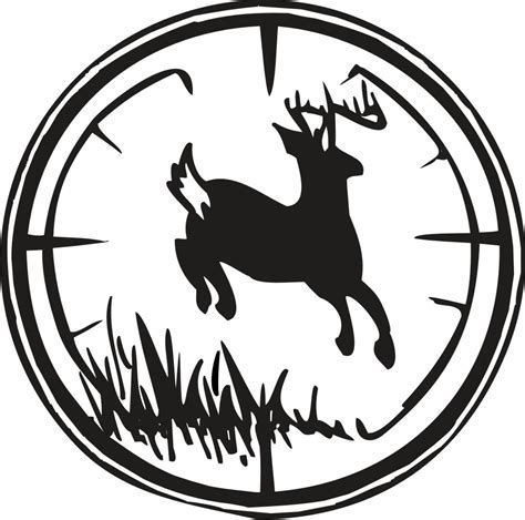 Black silhouette of a leaping buck inside a circular crosshair target with grass at the bottom.