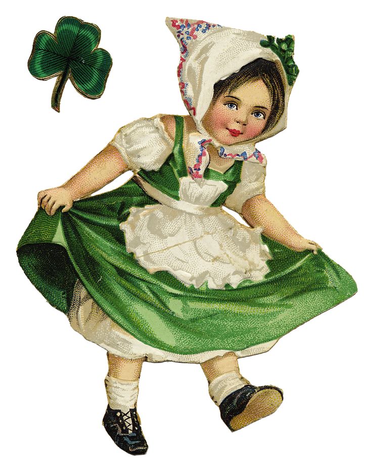 Vintage illustration of a smiling girl in green Irish dress and bonnet, holding up her skirt beside a shamrock.