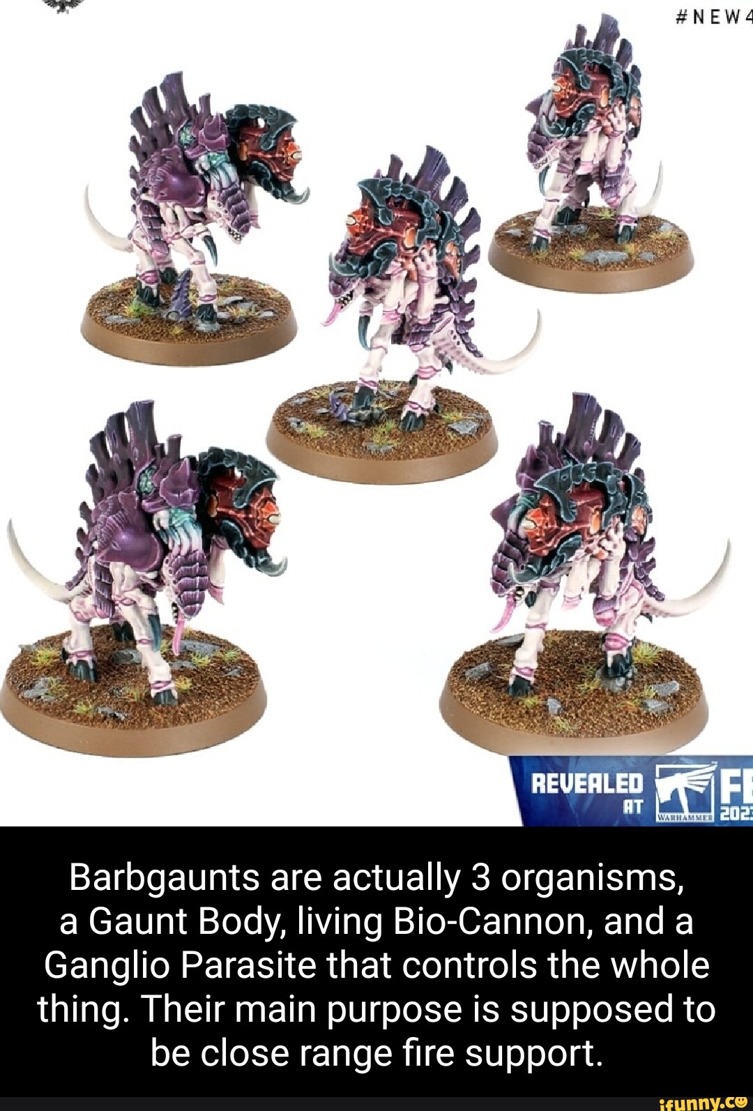 Five painted Warhammer 40k Barbgaunt miniatures on round bases, featuring purple carapace, bio-cannons, and ganglio parasite control.