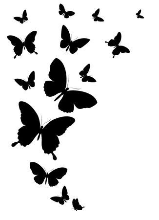 Black butterfly silhouettes flying upward on white background, artistic vector illustration.