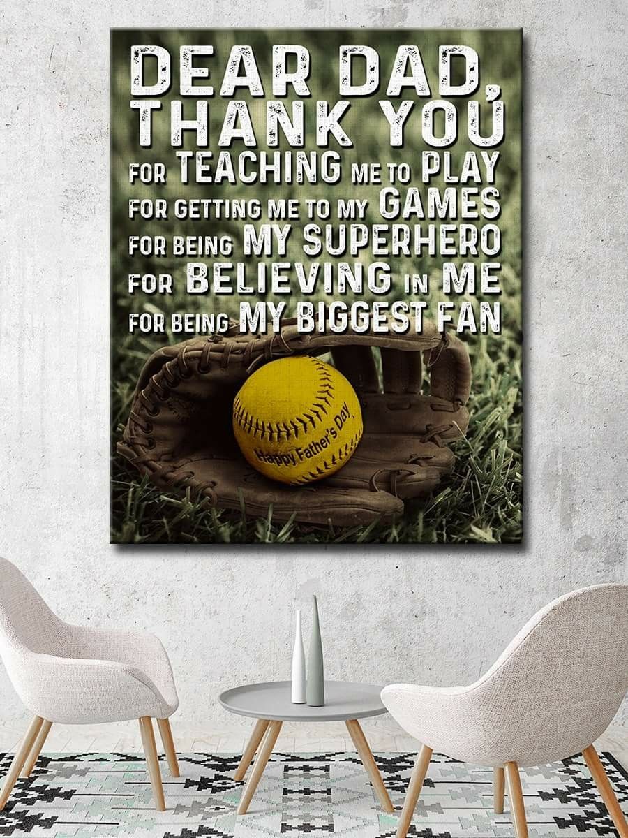 Father’s Day softball-themed wall art with heartfelt message and yellow ball in glove on grass.