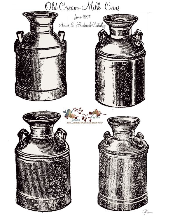 Four vintage 1897 cream-milk cans from Sears & Roebuck catalog, illustrated in black-and-white line art with textured shading.