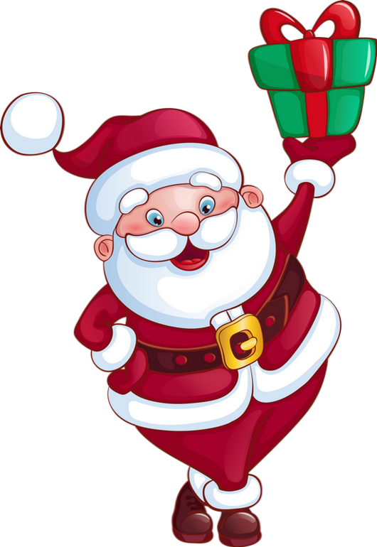 Cheerful cartoon Santa Claus in red suit holding a green gift box with red ribbon, smiling and waving.