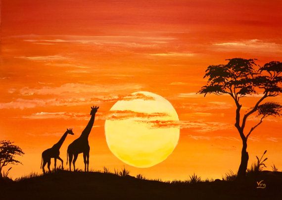 African Sunset Painting - Giraffes at Dusk Artwork