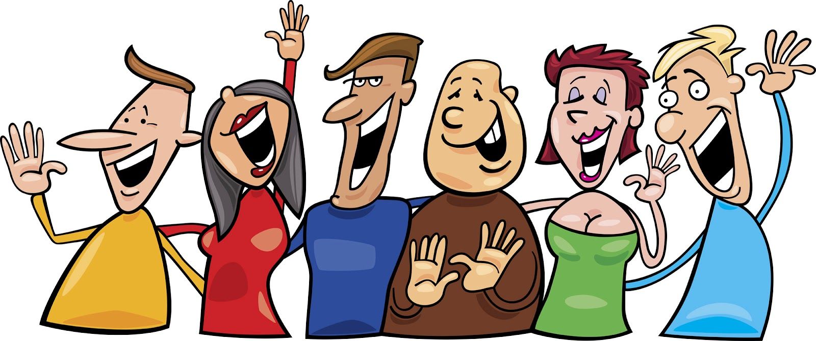 Six cheerful cartoon people waving and laughing together in a friendly group pose.