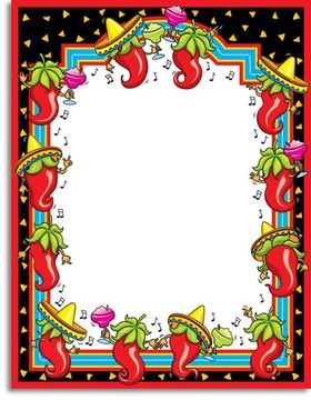 Colorful Mexican-themed border with chili peppers, sombreros, maracas, and musical notes on a black starry background.