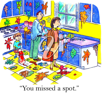 A messy kitchen with paint splatters everywhere; a family of three looks surprised as a dog runs through the chaos, captioned “You missed a spot.”