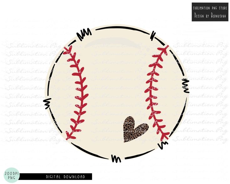 Hand-drawn baseball with red stitching and a leopard-print heart, designed for sublimation printing.