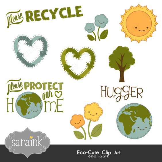 Eco-friendly clip art set with recycling hearts, smiling Earth, sun, tree, flowers, and "Please Recycle" text by Sara Ink.