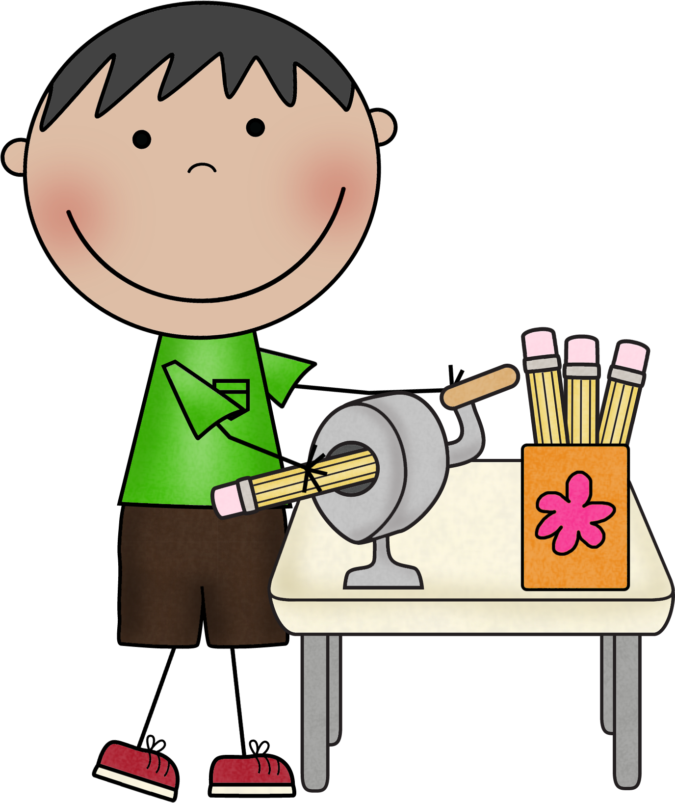 Smiling cartoon boy sharpening a pencil at a desk with supplies.