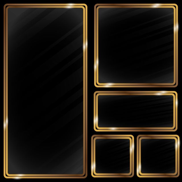 Set of five luxury black frames with glossy gold borders and subtle diagonal texture, arranged in a modern grid layout.