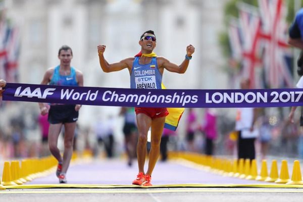 Colombian racewalker Eider Arévalo crosses the finish line triumphantly at the 2017 IAAF World Championships in London.