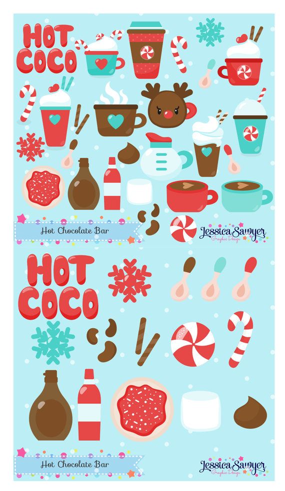 Cute hot cocoa clipart set with mugs, marshmallows, candy canes, snowflakes, and chocolate elements on light blue background.
