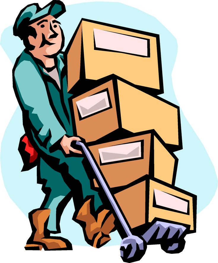 Delivery worker pushing a hand truck loaded with stacked cardboard boxes.