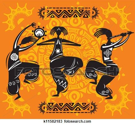 Three stylized African dancers in black silhouettes with tribal patterns, set against an orange background with sun motifs and geometric borders.