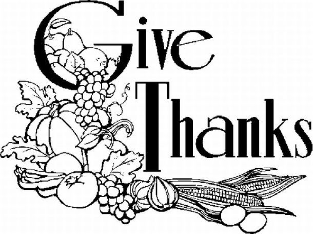Black-and-white "Give Thanks" illustration with harvest fruits, vegetables, and corn in ornate lettering.