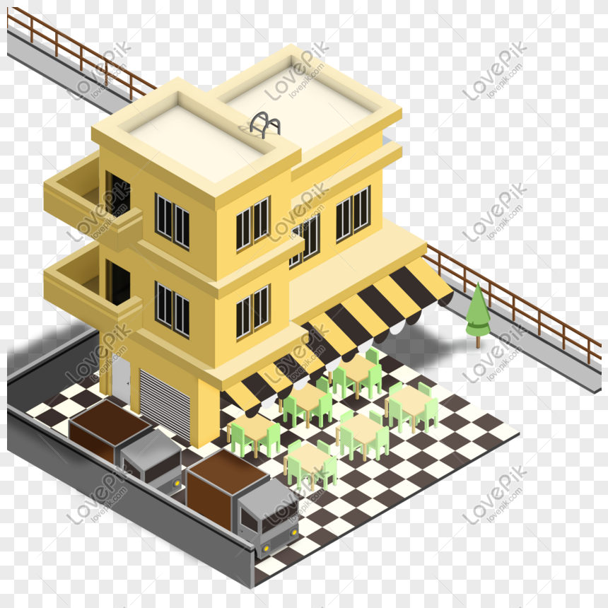 Isometric illustration of a yellow two-story café with striped awning, outdoor seating on checkered pavement, and parked delivery trucks.