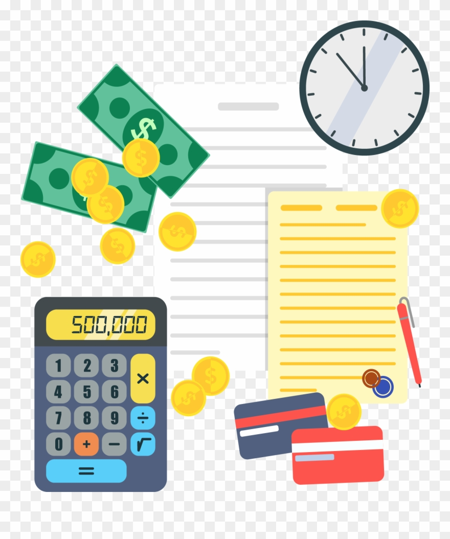 Financial tools illustration: calculator showing $500,000, cash, coins, credit cards, documents, pen, and clock.