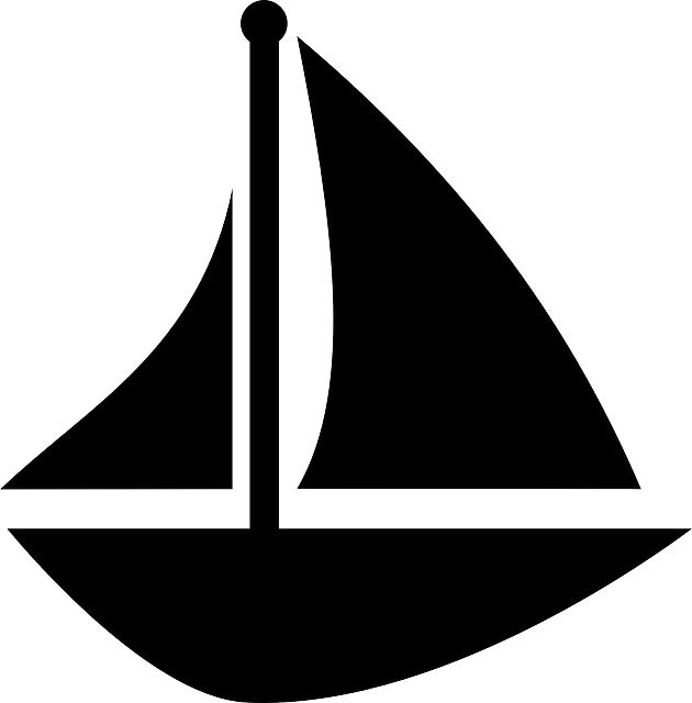 Black silhouette of a sailboat with two sails and a mast on white background.