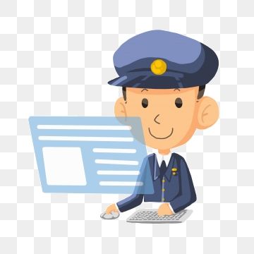 Smiling cartoon police officer typing on a laptop with a document overlay, representing digital public service or e-governance.