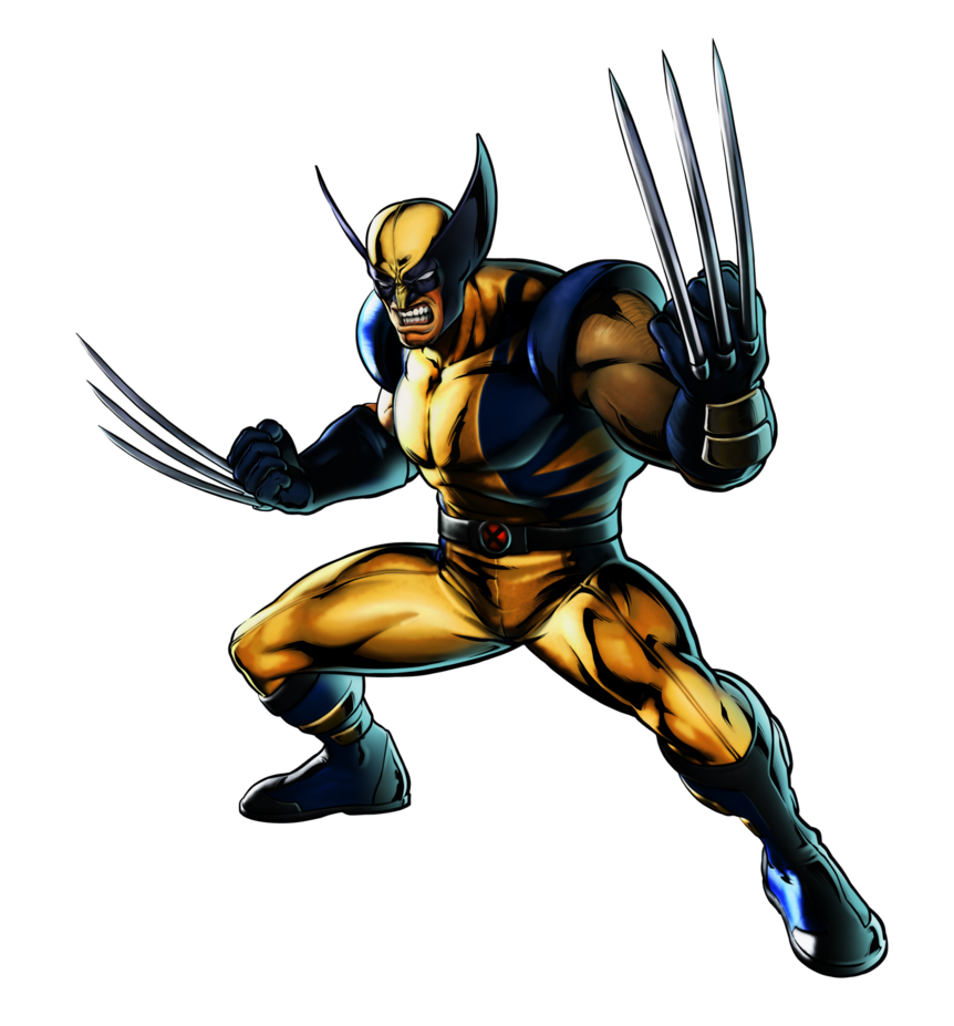Wolverine in classic yellow-and-blue X-Men suit, claws extended, crouching in aggressive stance against black background.