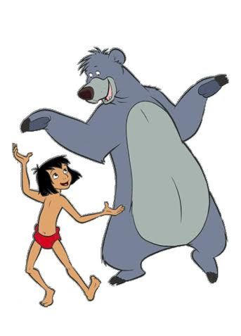 Mowgli and Baloo from Disney’s The Jungle Book dancing joyfully together.