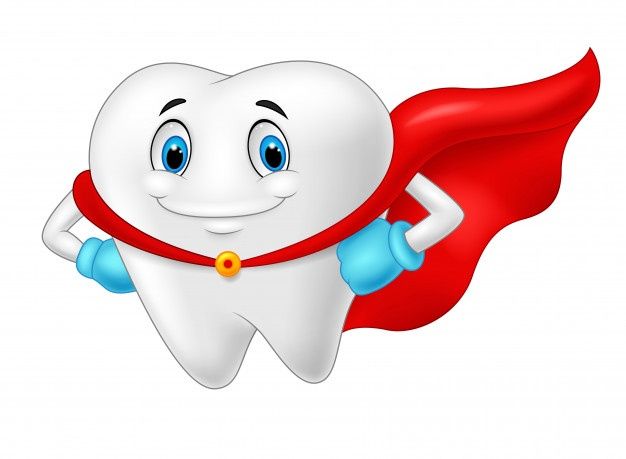 A smiling cartoon tooth dressed as a superhero with a red cape and blue gloves, promoting dental health.