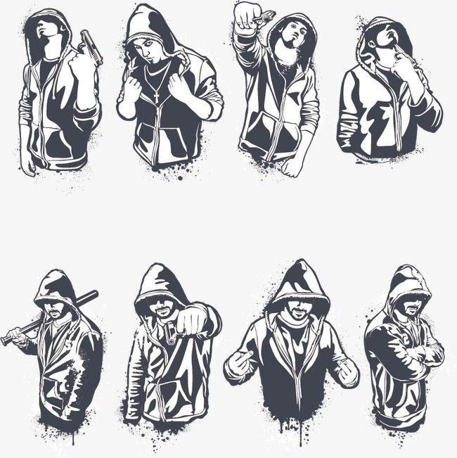 Eight stylized hooded figures in urban streetwear poses, some holding weapons or gesturing defiantly, rendered in gritty black-and-white ink with splatter effects.
