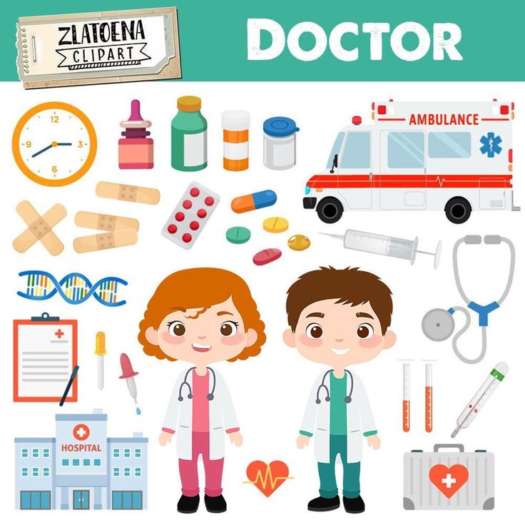 Doctor clipart set with medical tools, ambulance, hospital, and cartoon doctors for educational or healthcare design.
