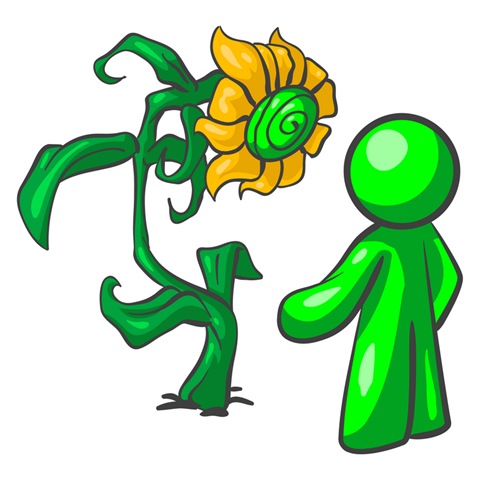 A green cartoon figure stands beside a stylized, anthropomorphic sunflower with swirling green center and expressive leaves.
