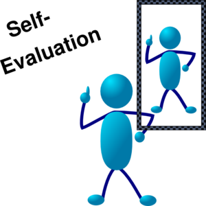 Blue stick figure pointing upward while observing its reflection in a mirror.