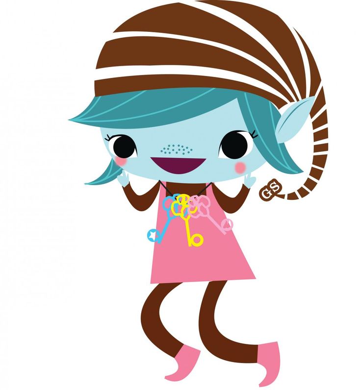 Charming cartoon elf girl with blue skin, striped brown hat, pink dress, and colorful key necklace, smiling playfully.