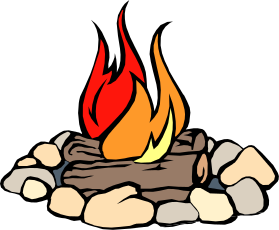 A cartoon-style campfire with orange and red flames burning over logs, surrounded by gray stones on a black background.